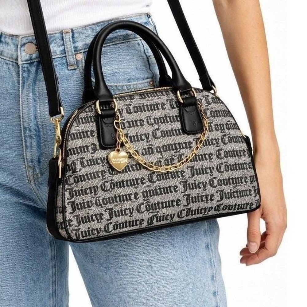 Y2K Juicy Couture Monogram Satchel Bowling Bag Heart Charm Black Crossbody